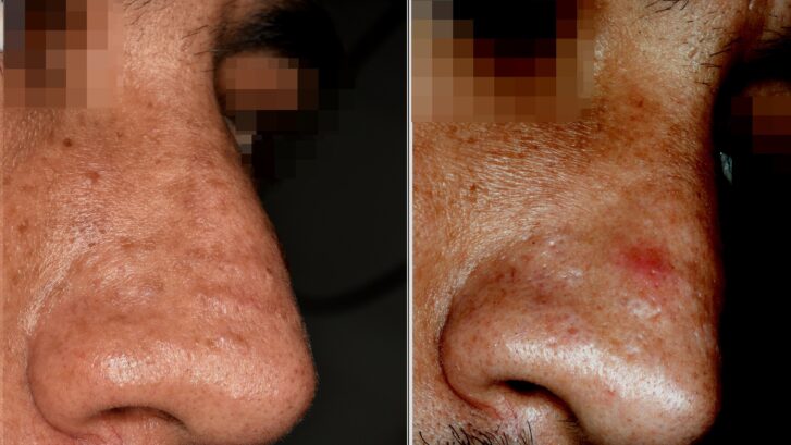 Cicatrices papular del acné en el dorso nasal